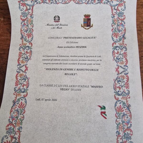 La 2C del Liceo Maffeo Vegio premiata per il concorso “PretenDiamo Legalità”